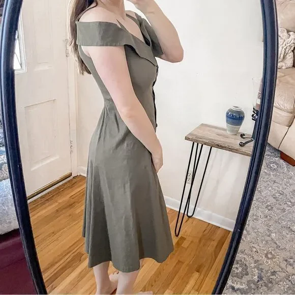 ALC Hudson Cold Shoulder Midi Dress Linen Blend Olive